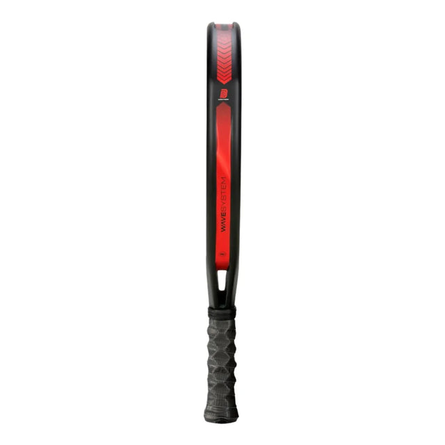 Side view of the Padel Smash Academy BULLPADEL RACKET XPLO 2025 MARTÍN DI NENNO (LIKE NEW), featuring a black and red frame with a black grip tape handle. The logo is prominently displayed on the side, showcasing its XPLO design.