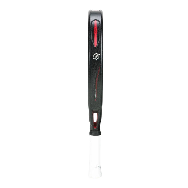 The Bullpadel Vertex 04 Comfort 2024 Martín Di Nenno features a black and red diamond-shaped design with a white handle, matte finish, subtle red accents, and CURVAKTIV system for enhanced play. A textured handle ensures a firm grip.