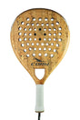 Close-up of the Cork Padel Classic by Cork Padel. The racket showcases a wooden texture, circular holes in an innovative pattern, white edges, and a grip handle for optimal comfort and control, with Cork displayed on its surface.