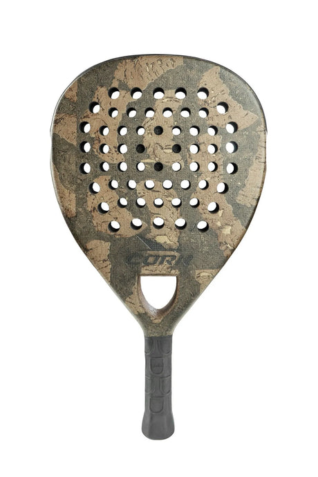 Introducing the Cork Padel Extreme Black: a camouflage-patterned padel racket featuring a perforated face with evenly spaced circular holes and a sleek black handle, embodying high-performance innovation.