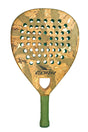 Introducing the Limited Edition Cork Padel Extreme Green by Cork Padel, a professional padel racket with a cork surface in striking green and natural wood colors. Its full carbon construction and perforated surface enhance aerodynamics, while the handle sports an elegant green shade.