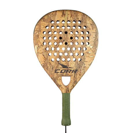 The Cork Padel Supreme Hybrid III racket, designed by Cork Padel, features a unique cork surface and a striking green handle, complemented by circular-patterned holes above the iconic CORR logo.
