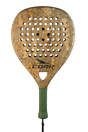 Introducing the Cork Padel Supreme Power III Racket: a cork-patterned padel racket with a light brown, textured surface and black grip. Crafted for offensive players with high carbon composition, it features multiple circular holes and a centered black logo. The handle includes a wrist strap.