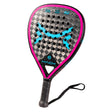 The Mack Starke I-Pro Titanium 2024 padel racket features a diamond shape with a black and gray grid, accented by bright blue curves and a pink border. It has a black grip with wrist strap, displays MACK, EVA BLACK, ALU logos, and is made with Black Soft EVA rubber for enhanced performance.