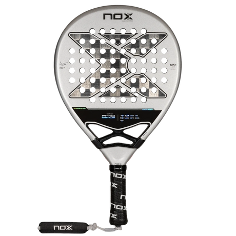 The NOX Padel Racket AT10 Genius 18K by 2024 Agustin Tapia features a circular head with a geometric hole pattern, crafted from aluminized carbon fiber for durability. Its gray and black design matches the handle, wrapped in a black grip with NOX branding.