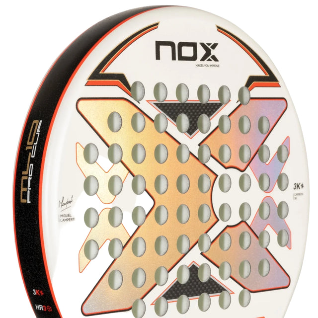 The NOX Padel Racket ML 10 Pro Cup Luxury 2024 by Miguel Lamperti features a circular design with perforations, orange and black geometric patterns, and vibrant branding. Made with 3K carbon fiber and Hybrid-Style technology, it utilizes EOS Flap tech to enhance its reflective finish and prominent logo.