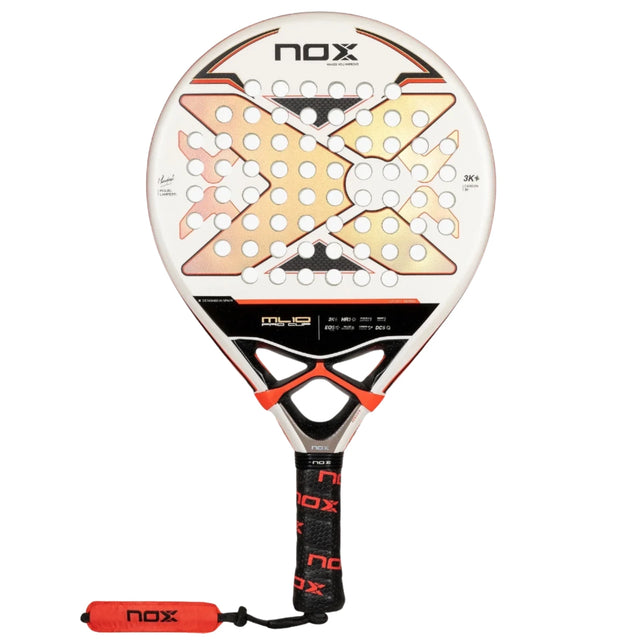 The NOX Padel Racket ML 10 Pro Cup Luxury 2024 by Miguel Lamperti features a hybrid design with white and orange colors, a drilled crisscross pattern, and a black handle. Made from 3K carbon fiber, it has a red nox logo and wrist strap for style and performance.