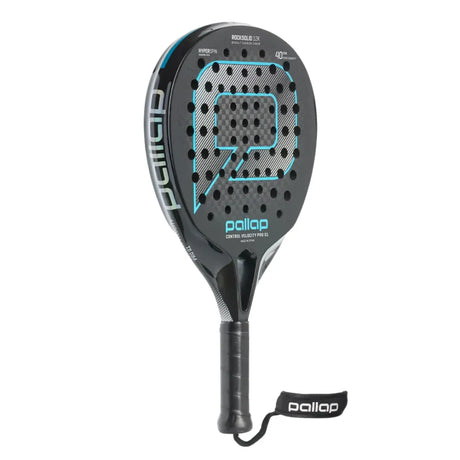 The PALLAP CONTROL VELOCITY PRO 01 (LIKE NEW) is a black and blue padel racket with a round head, engineered with carbon for advanced players. It features numerous small holes and comes with a gripped handle and wrist strap.