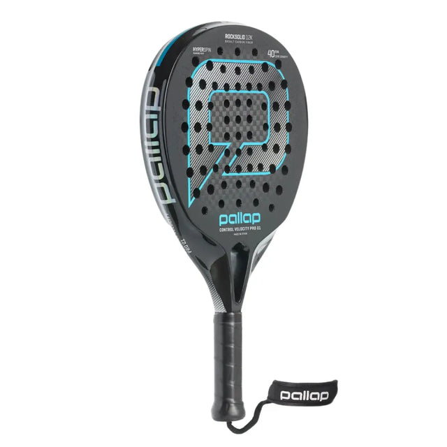 The PALLAP CONTROL VELOCITY PRO 01 (LIKE NEW) is a black and blue padel racket with a round head, engineered with carbon for advanced players. It features numerous small holes and comes with a gripped handle and wrist strap.