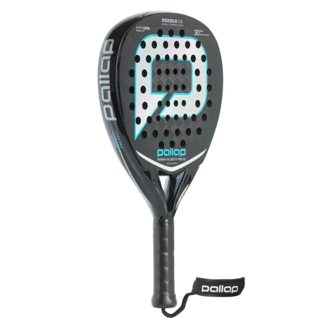 The PALLAP POWER VELOCITY PRO 01 is a black padel racket with a blue and white geometric design, featuring small round holes. It has a black grip with a wrist strap and Basalt-Carbon for increased durability. The Pallap brand name appears on the face and handle.