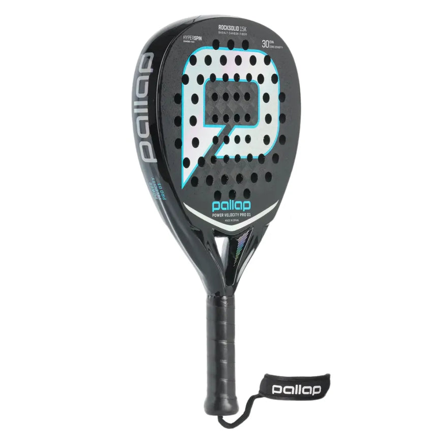 The PALLAP POWER VELOCITY PRO 01 is a black padel racket with a blue and white geometric design, featuring small round holes. It has a black grip with a wrist strap and Basalt-Carbon for increased durability. The Pallap brand name appears on the face and handle.
