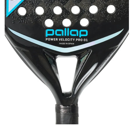 Close-up of a PALLAP POWER VELOCITY PRO 01 black teardrop-shaped padel racket featuring an innovative HYPERSPIN surface. Visible Made in Spain text, logo, blue accents, Basalt-Carbon composition, and black grip tape complete the design. Brand: Pallap (LIKE NEW).