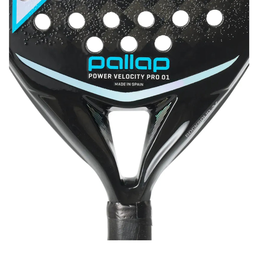Close-up of a PALLAP POWER VELOCITY PRO 01 black teardrop-shaped padel racket featuring an innovative HYPERSPIN surface. Visible Made in Spain text, logo, blue accents, Basalt-Carbon composition, and black grip tape complete the design. Brand: Pallap (LIKE NEW).