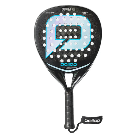 The PALLAP POWER VELOCITY PRO 01, featuring a sleek black and blue design with a basalt-carbon frame, displays a large P logo, circular holes, and RockSolid 15k. It has HYPERSPIN surface technology and is completed by a black grip and branded wrist strap.