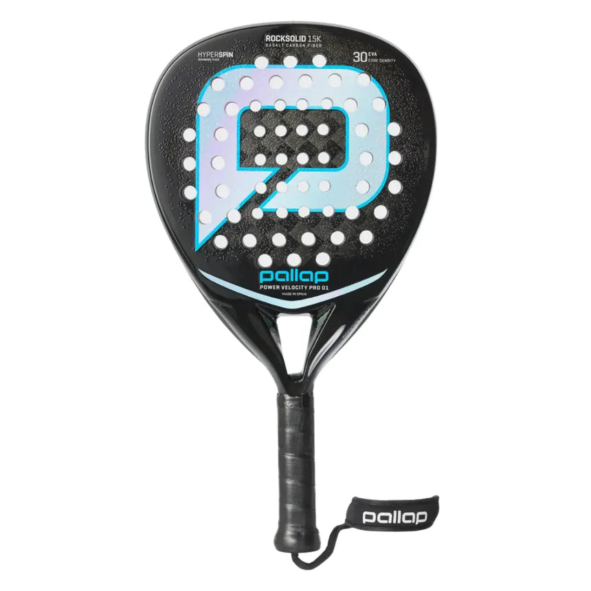 The PALLAP POWER VELOCITY PRO 01, featuring a sleek black and blue design with a basalt-carbon frame, displays a large P logo, circular holes, and RockSolid 15k. It has HYPERSPIN surface technology and is completed by a black grip and branded wrist strap.