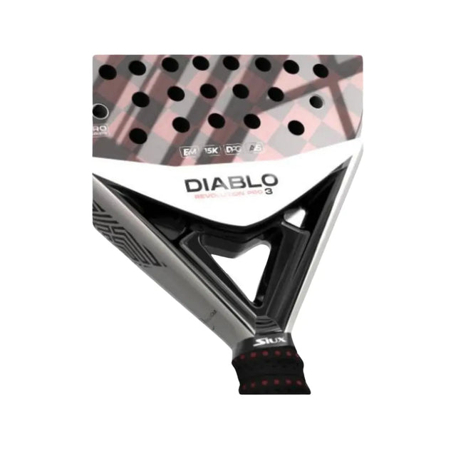Close-up of the Siux Padel Racket Diablo Revolution Pro 3 2024 endorsed by Sanyo Gutiérrez, featuring a black and gray triangular design with a perforated head, enhanced by Tricarbon 15K carbon and geometric patterns. Its branded handle has striking red accents.