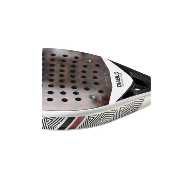 Close-up of the 2024 Siux Diablo Revolution Pro 3 Padel Racket, featuring a silver, black, and red geometric pattern with Diablo on its surface. Made with Tricarbon 15K carbon, this racket includes a drilled head for enhanced aerodynamics.
