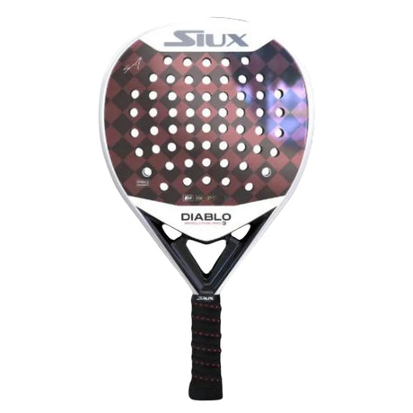 The Siux Padel Racket Diablo Revolution Pro 3 2024, favored by Sanyo Gutiérrez, features a red and black checkerboard design with circular holes. Made from Tricarbon 15K carbon, it has a black grip tape handle and displays Siux and Diablo prominently on the face.
