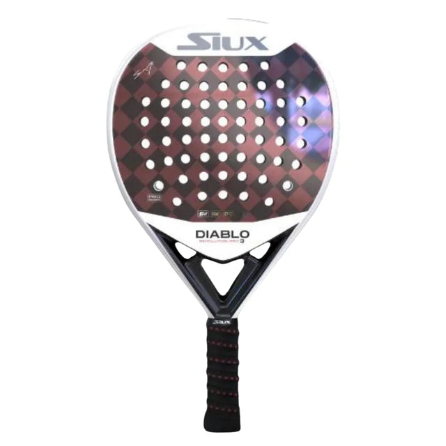 The Siux Padel Racket Diablo Revolution Pro 3 2024, favored by Sanyo Gutiérrez, features a red and black checkerboard design with circular holes. Made from Tricarbon 15K carbon, it has a black grip tape handle and displays Siux and Diablo prominently on the face.