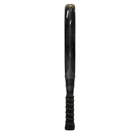 The black baseball bat, akin to the Siux Electra Pro ST3 2024 Franco Stupa Padel Racket, features a textured grip and sleek design with yellow accents at the top, standing upright against a plain white background.