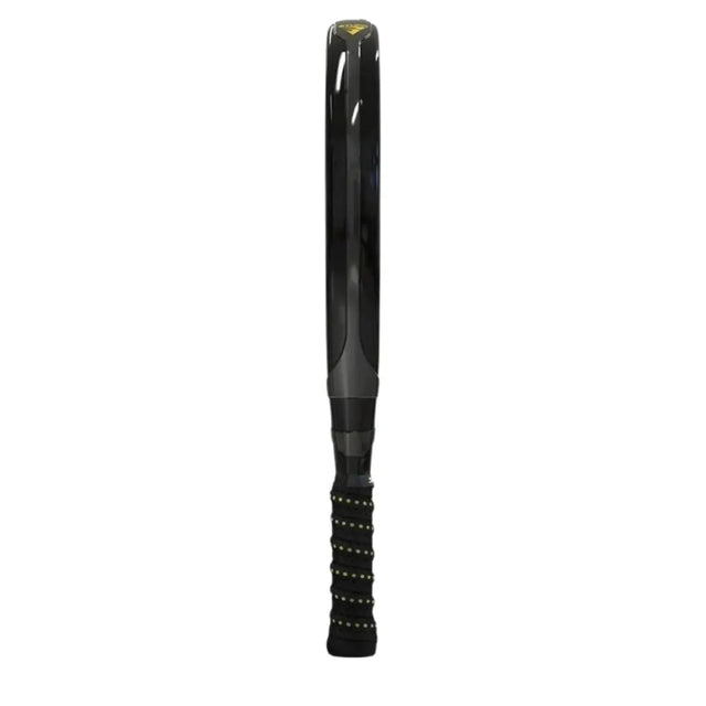 The black baseball bat, akin to the Siux Electra Pro ST3 2024 Franco Stupa Padel Racket, features a textured grip and sleek design with yellow accents at the top, standing upright against a plain white background.