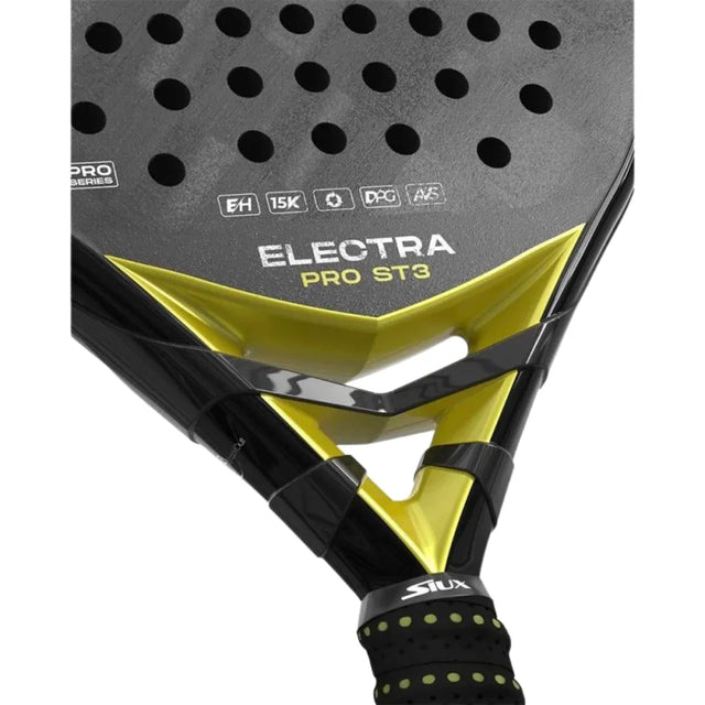 Close-up of the SIUX Padel Racket Electra Pro ST3 2024 Franco Stupa, featuring Siux branding in a black and yellow design. The grip is black with yellow details, complemented by small holes and graphics on the rackets surface.