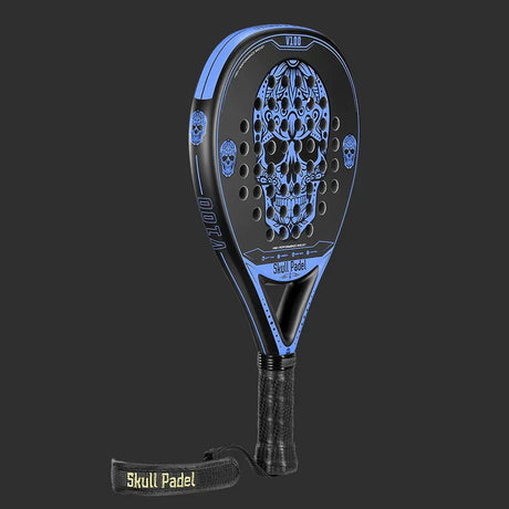The SKULL PADEL V100 | BLUE EDITION (KIDS) by Skull Padel sports a black and blue design with an intricate skull pattern, ideal for young players. It has a wrapped grip and a strap labeled Skull Padel in vibrant yellow on a dark gray background.