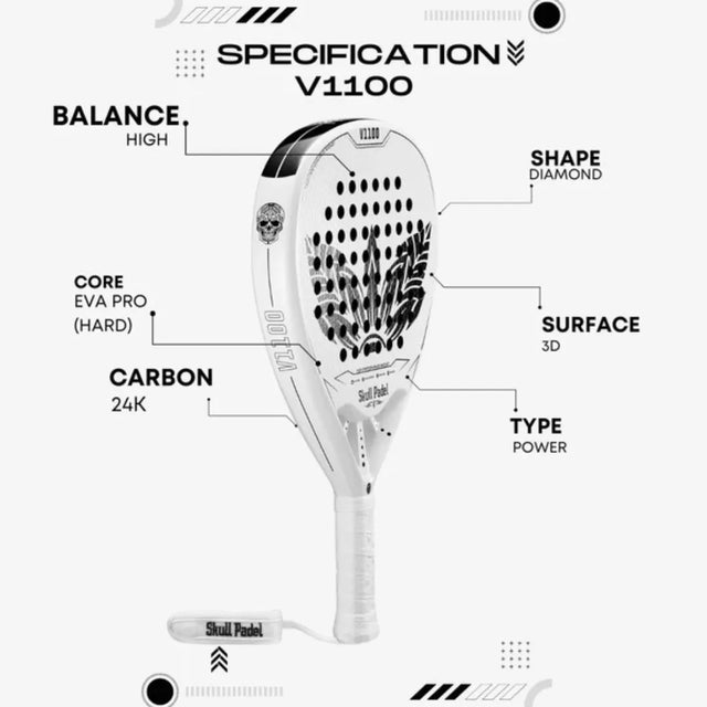 Image of a SKULL PADEL V1100 - WHITE LEAF 24K (LIKE NEW) padel racket from Skull Padel. It features a high balance, diamond shape, and 3D surface for power play. Made with 24K carbon fiber and an EVA Pro (Hard) core, the handle sports the distinctive Skull Padel logo.