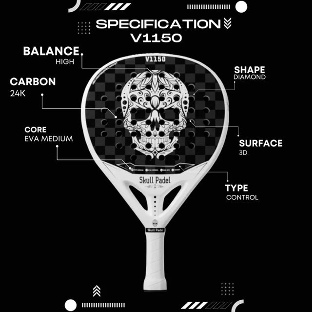 The SKULL PADEL V1150 - WHITE SKULL 24K by Skull Padel features a detailed skull design. It has a high balance, made with 24K carbon fiber, an EVA rubber medium core, and a diamond shape with 3D surface control.