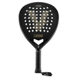 The VOLT 1000 v4 padel racket by Volt has a teardrop shape and hexagonal holes forming a V. VOLT 1000 Power is prominently displayed at the top, with 1000 below. The handle features a strap labeled VOLT, all built on an advanced carbon structure.