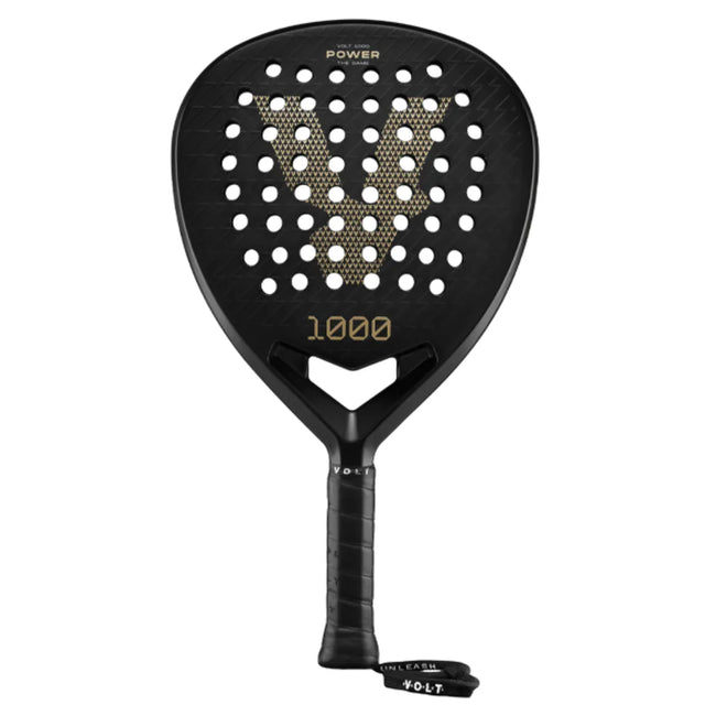 The VOLT 1000 v4 padel racket by Volt has a teardrop shape and hexagonal holes forming a V. VOLT 1000 Power is prominently displayed at the top, with 1000 below. The handle features a strap labeled VOLT, all built on an advanced carbon structure.