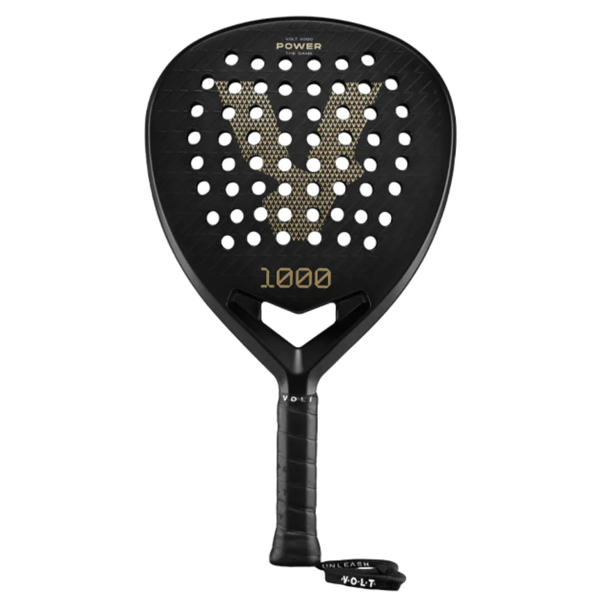 The VOLT 1000 v4 padel racket by Volt has a teardrop shape and hexagonal holes forming a V. VOLT 1000 Power is prominently displayed at the top, with 1000 below. The handle features a strap labeled VOLT, all built on an advanced carbon structure.