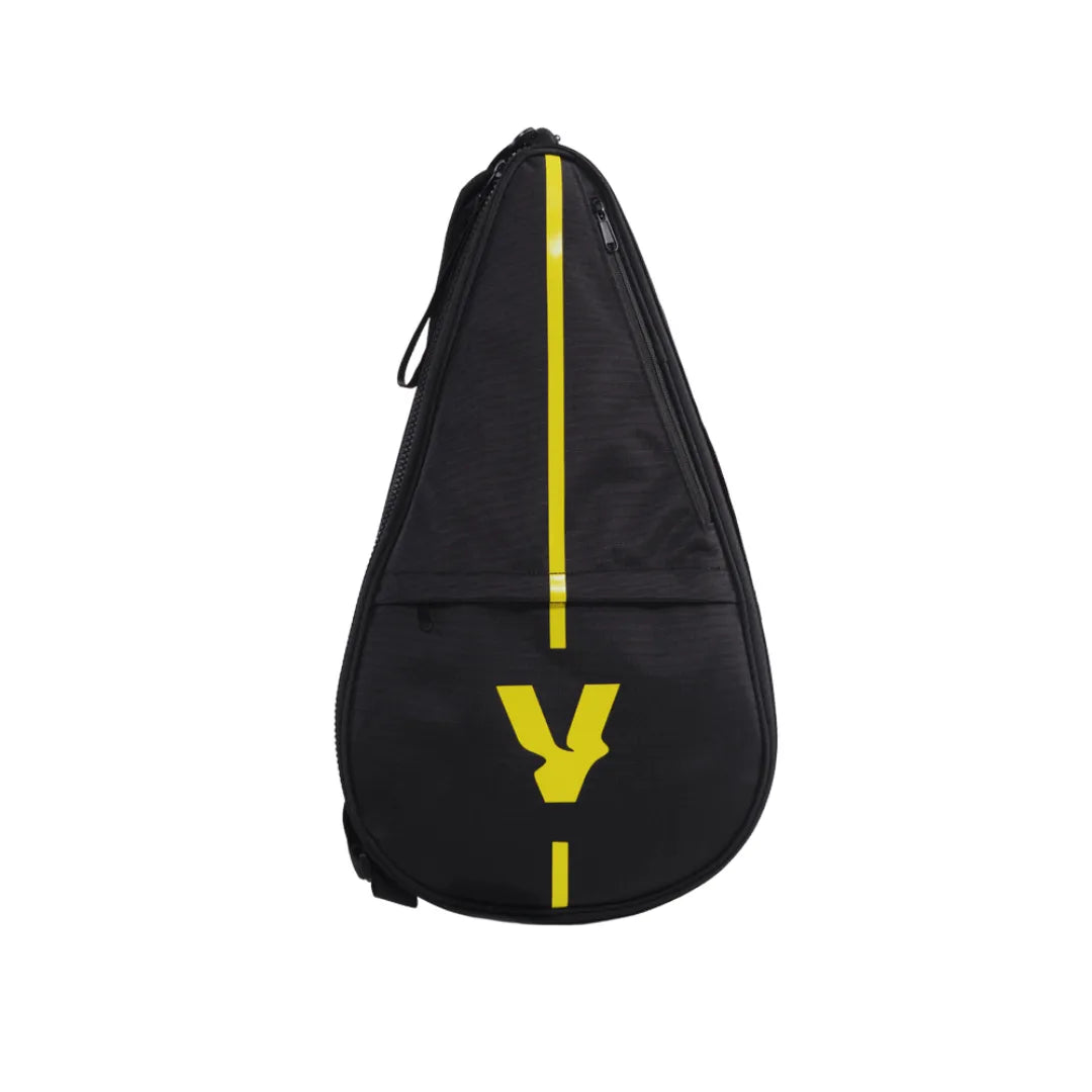The black teardrop-shaped case for the VOLT 700 v4 padel racket by Volt features a vertical yellow line, a stylish yellow V logo, an upper zipper, and an extra zippered front pocket. It includes flexible shock absorption technology.