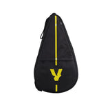 The black teardrop-shaped case for the VOLT 700 v4 padel racket by Volt features a vertical yellow line, a stylish yellow V logo, an upper zipper, and an extra zippered front pocket. It includes flexible shock absorption technology.