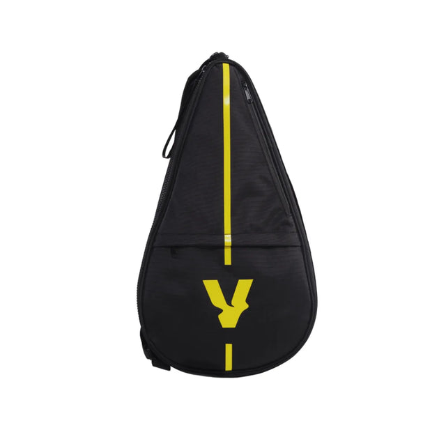 The black teardrop-shaped case for the VOLT 700 v4 padel racket by Volt features a vertical yellow line, a stylish yellow V logo, an upper zipper, and an extra zippered front pocket. It includes flexible shock absorption technology.