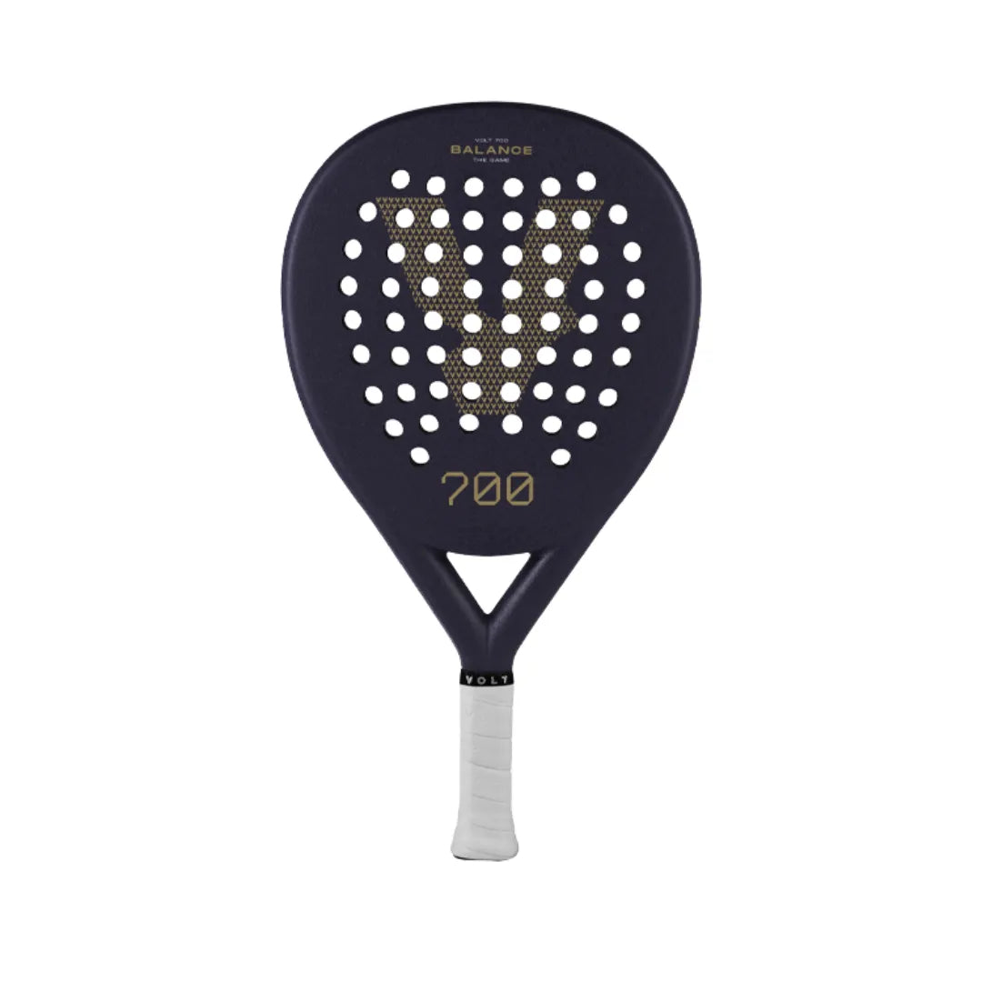 The VOLT 700 v4 padel racket offers a perforated circular face and grid design. It has a white grip handle, displays 700 and V prominently on the face with BALANCE above, and includes flexible shock absorption technology for enhanced playability.
