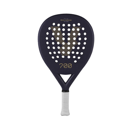 The VOLT 700 v4 padel racket offers a perforated circular face and grid design. It has a white grip handle, displays 700 and V prominently on the face with BALANCE above, and includes flexible shock absorption technology for enhanced playability.
