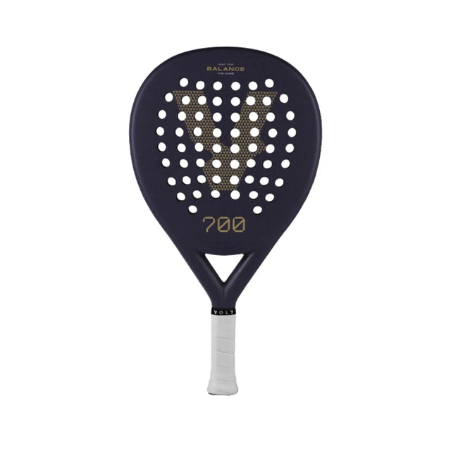 The VOLT 700 v4 padel racket offers a perforated circular face and grid design. It has a white grip handle, displays 700 and V prominently on the face with BALANCE above, and includes flexible shock absorption technology for enhanced playability.