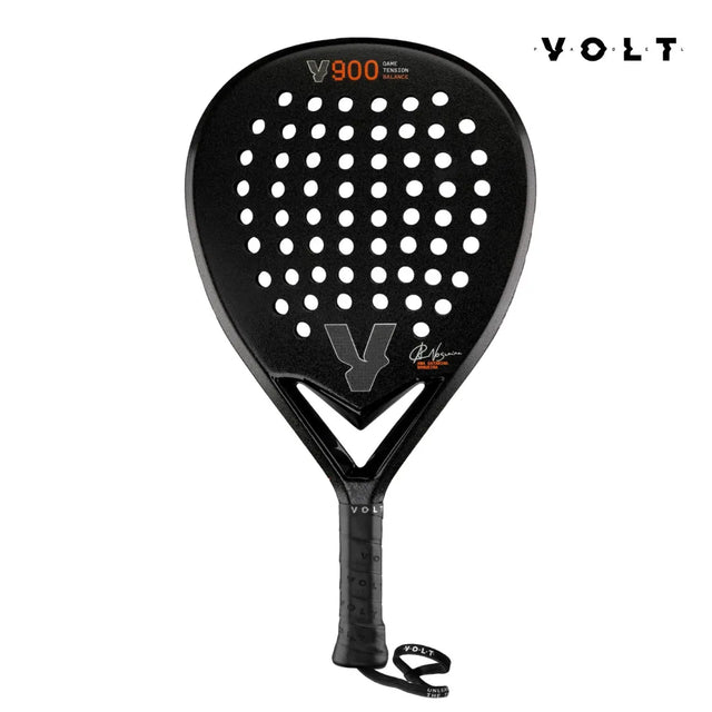 The VOLT 900 V23 padel racket from Volt features a black perforated head made of 3K Carbon for durability. It elegantly displays the brand and model, offers a teardrop balance, and includes a wrist strap on the handle for better grip.