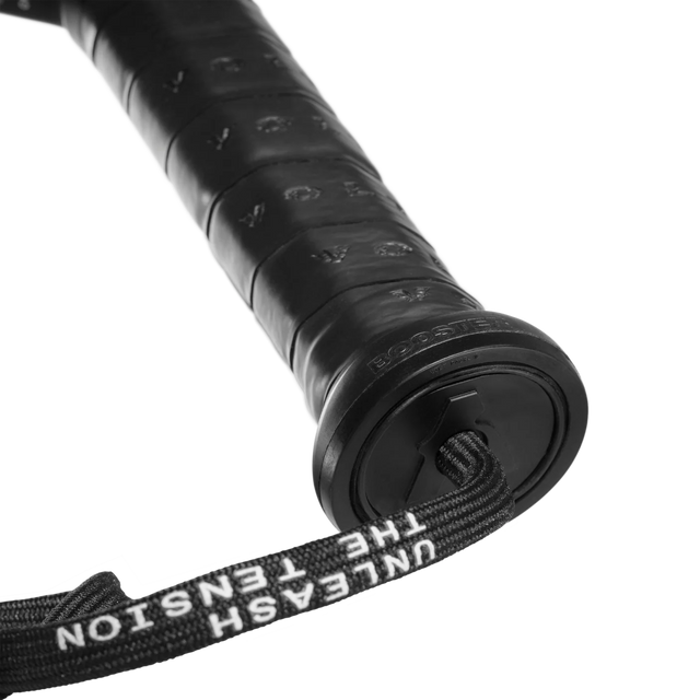 Close-up of the VOLT BOOSTERs black handle featuring a sleek wrist strap and white UNLEASH THE TENSION text, with embossed grip lettering. Elevate your Supercharger Smash Cap with Volt style and precision against a transparent backdrop.